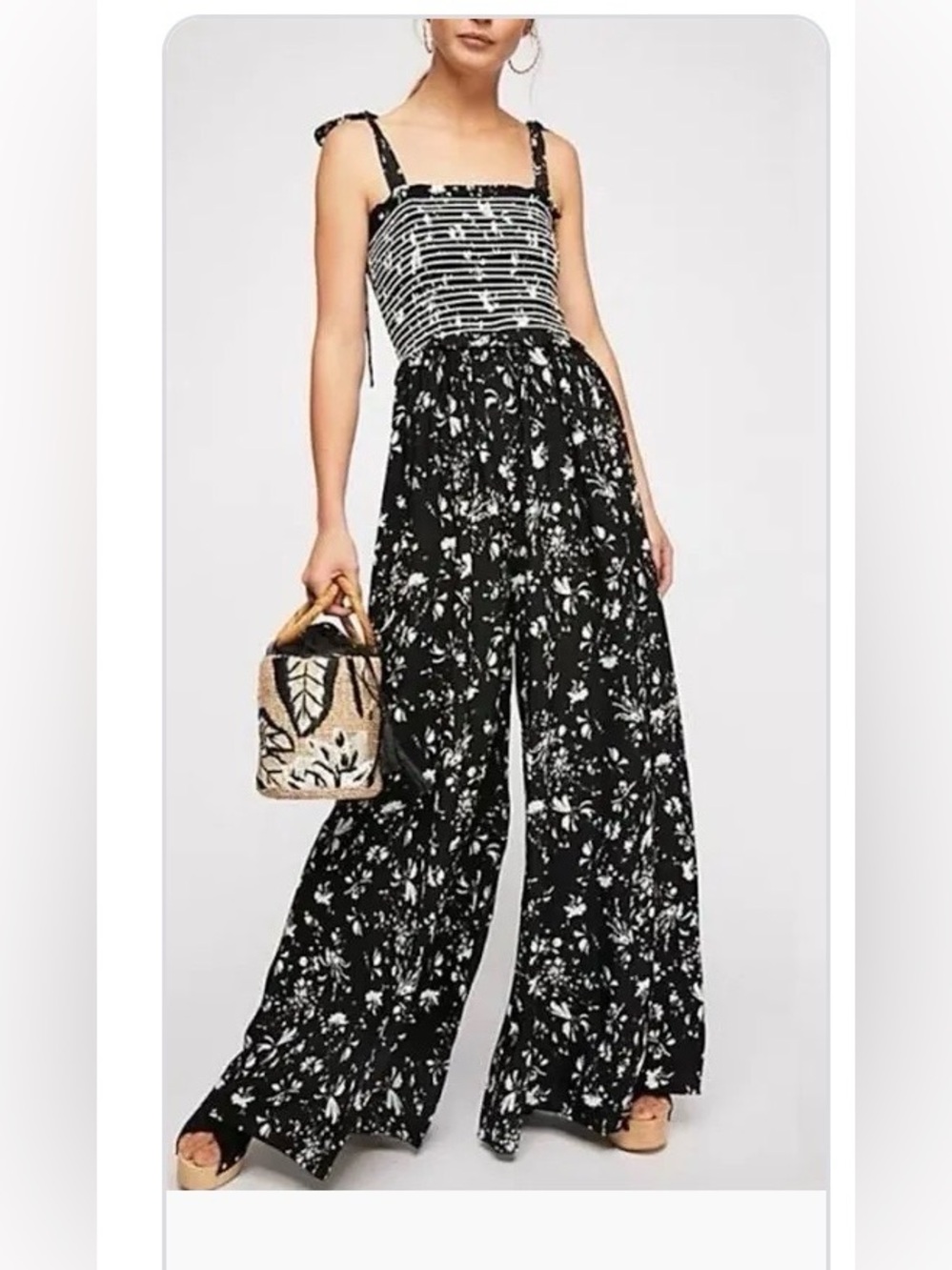 Free People L Color my world black-white floral tie strap halter boho jumpsuit